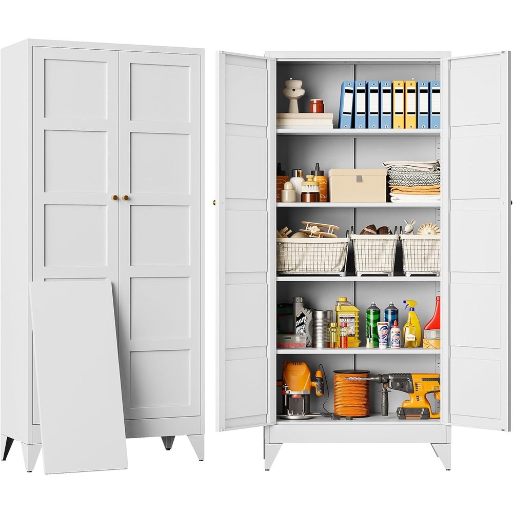 Home Bathroom Shelf - White Tall Metal Storage Cabinet with