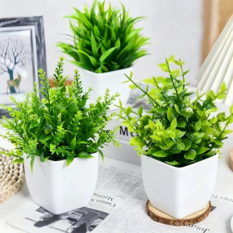 Home Bathroom Shelf - Mini Artificial Potted Plants White Pot