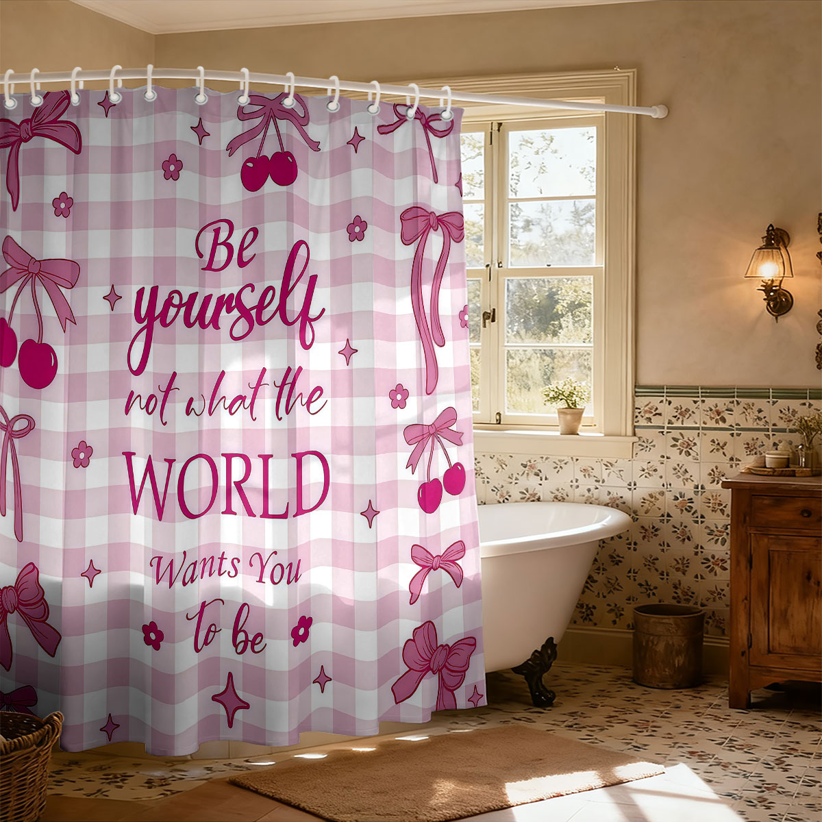 1pc Pink Bow Printed Shower Cu - Home Bathroom Partition recension och pris